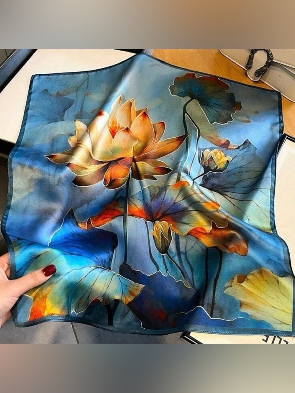 Vibrant Lotus Floral Satin Scarf in Blue and Orange